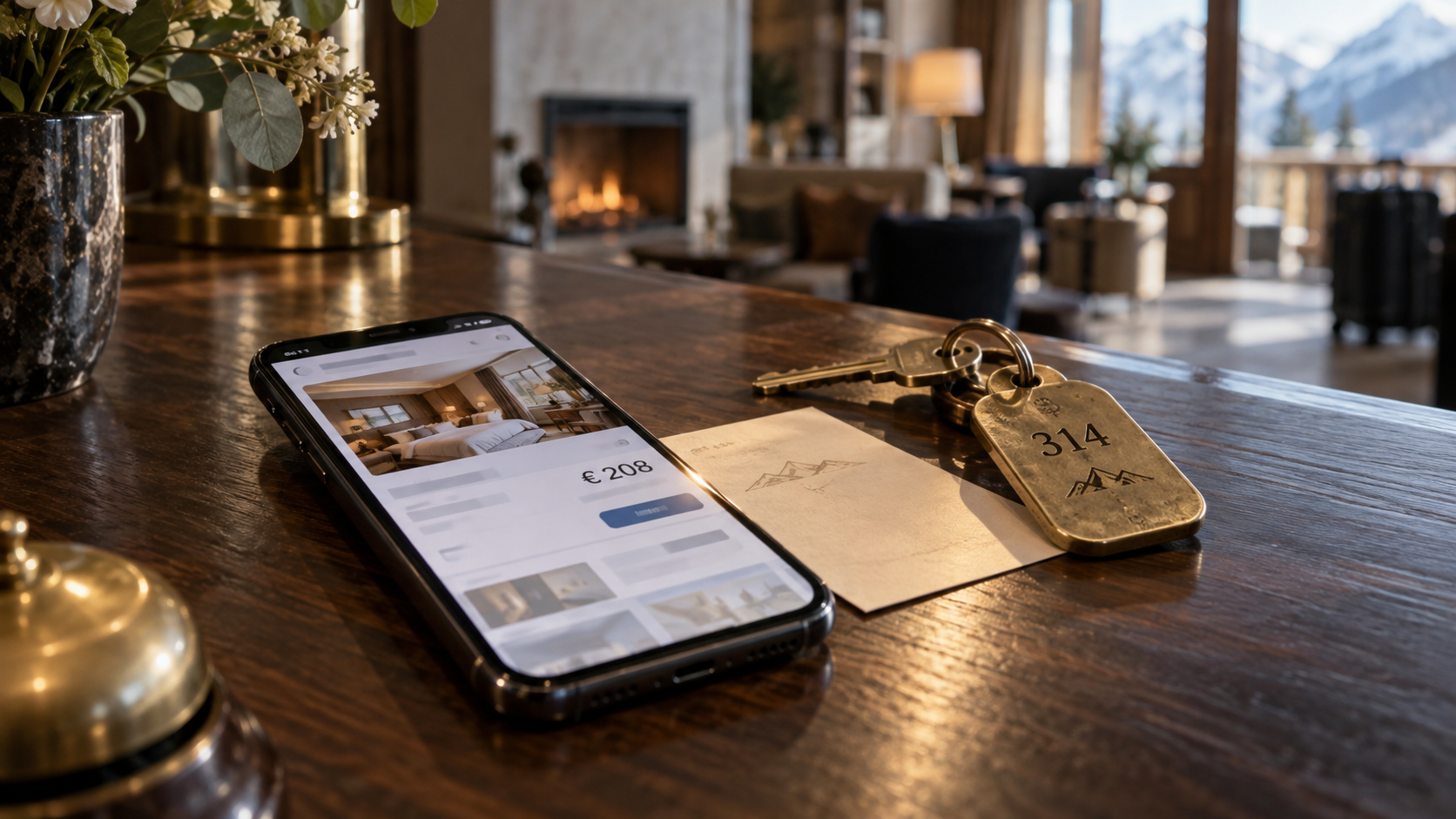 Smartphone mit Hotelangebot neben einem Zimmerschlüssel auf einem Hoteltresen